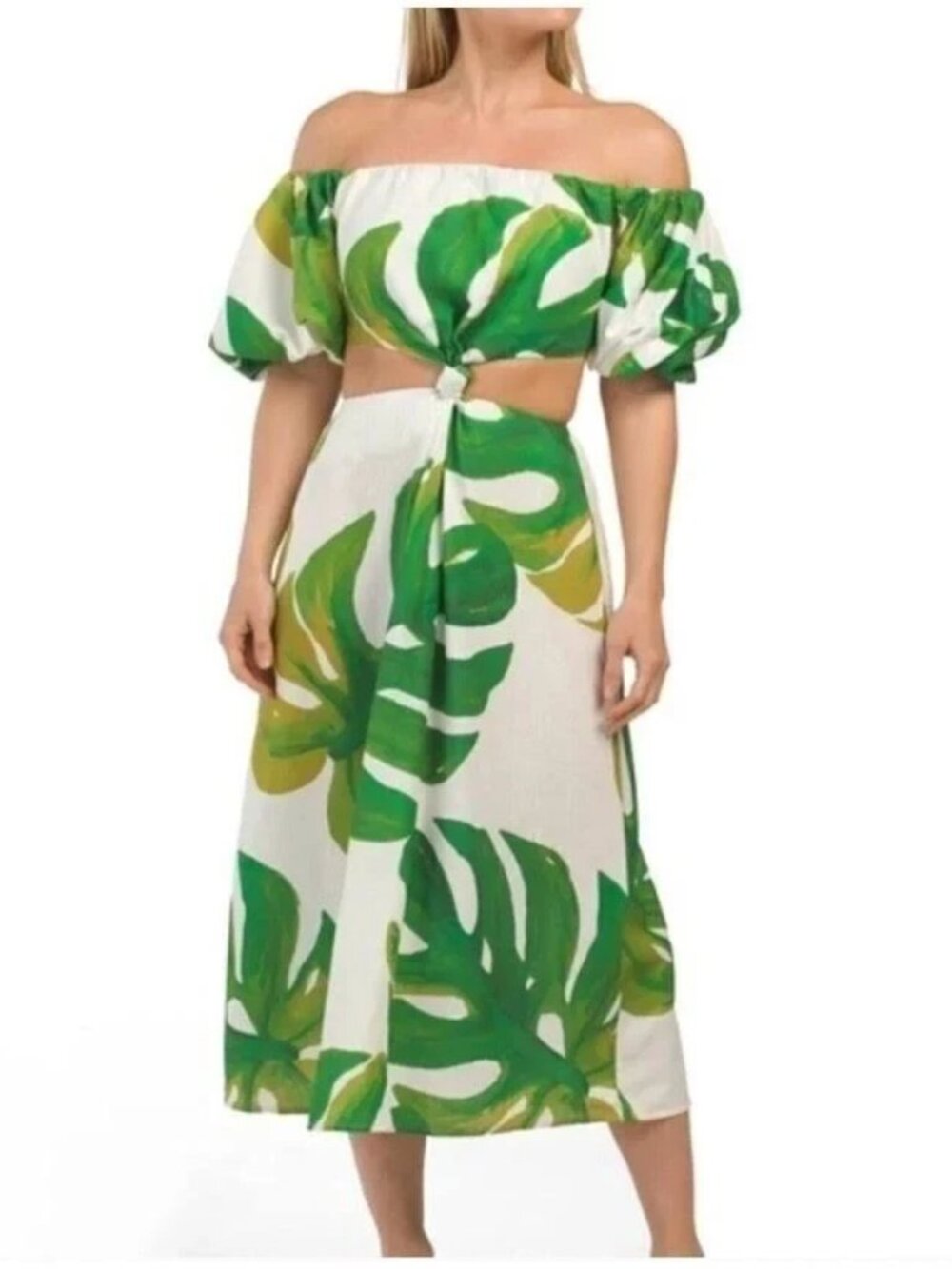 FARM Rio White Monstera Midi Knot Dress S NWT